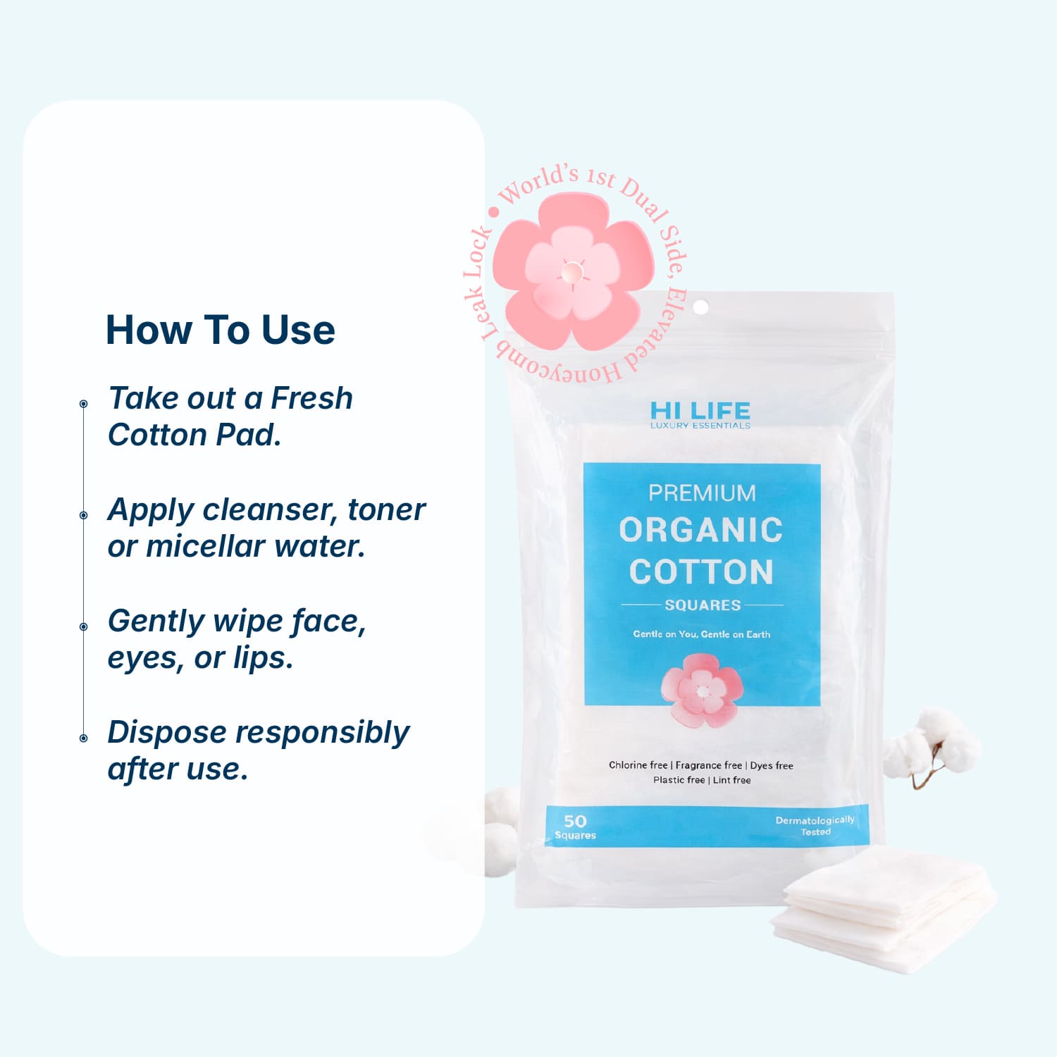 Hi Life™ 100% GOTS Certified Organic Cotton Pads - Squares - Pack of 50