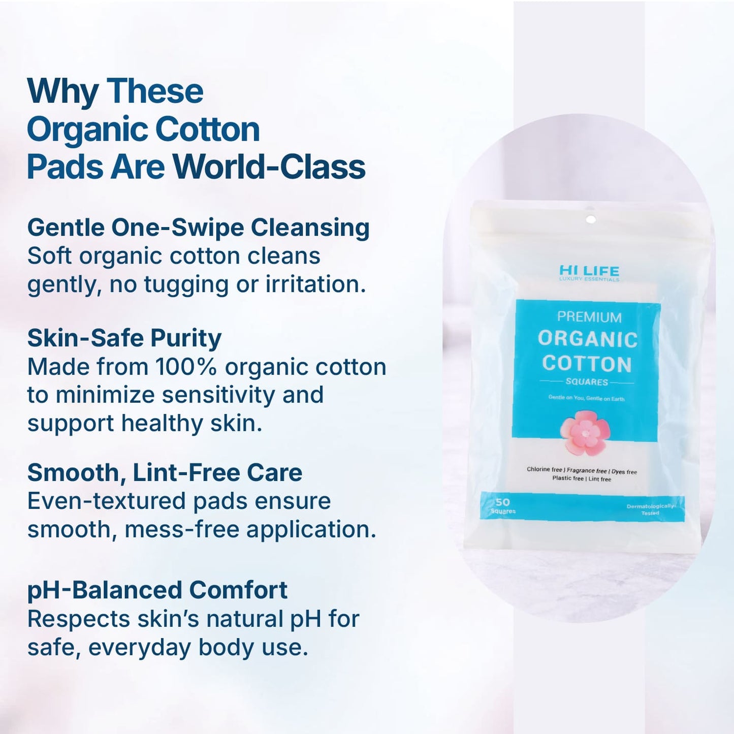 Hi Life™ 100% GOTS Certified Organic Cotton Pads - Squares - Pack of 50