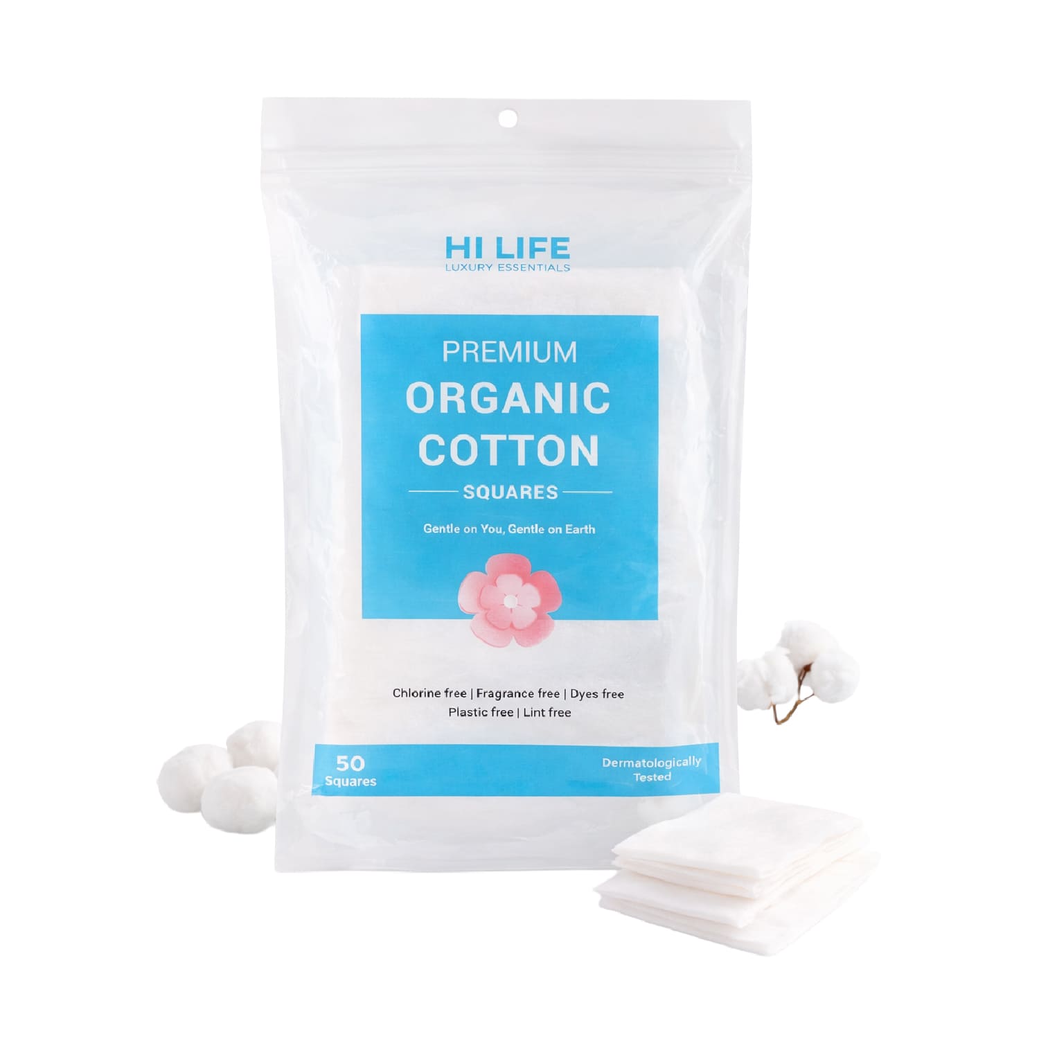 Hi Life™ 100% GOTS Certified Organic Cotton Pads - Squares - Pack of 50
