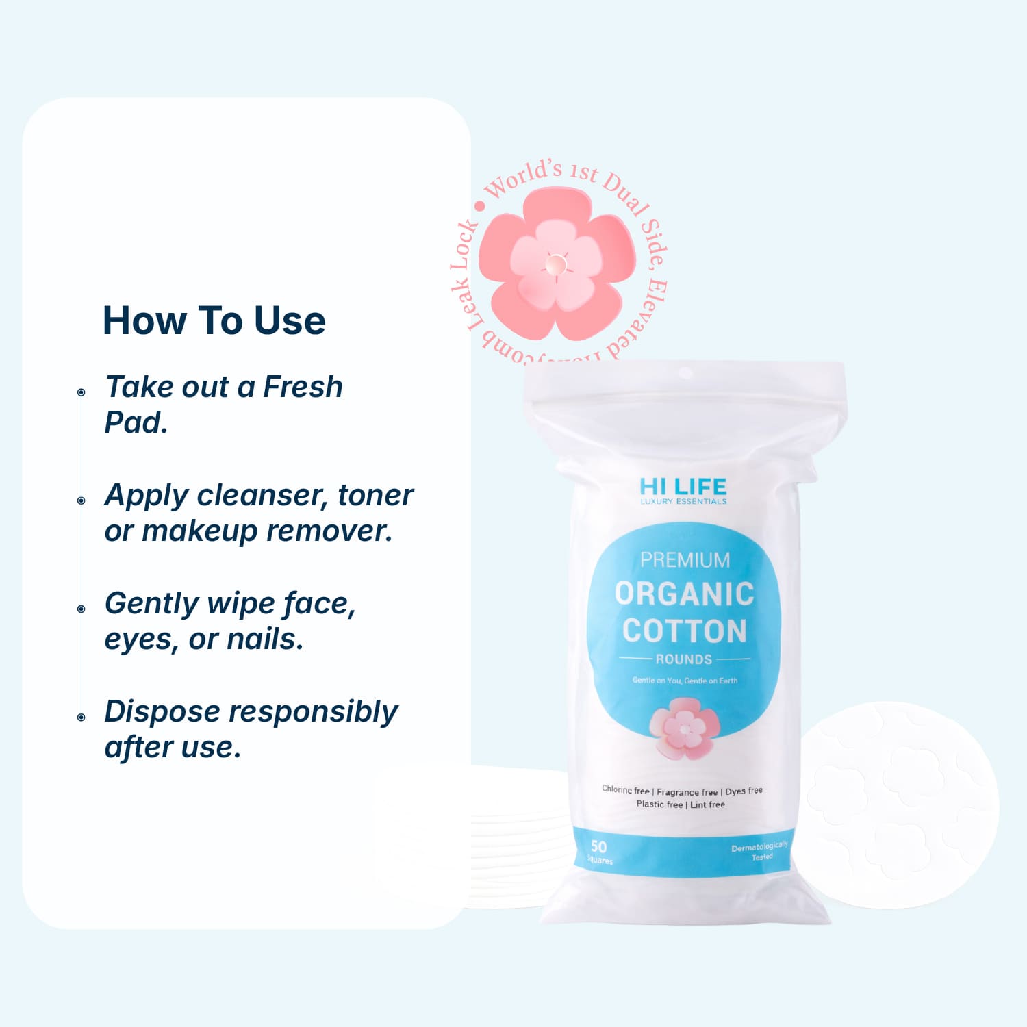 Hi Life™ 100% GOTS Certified Organic Cotton Pads - Rounds - Pack of 50