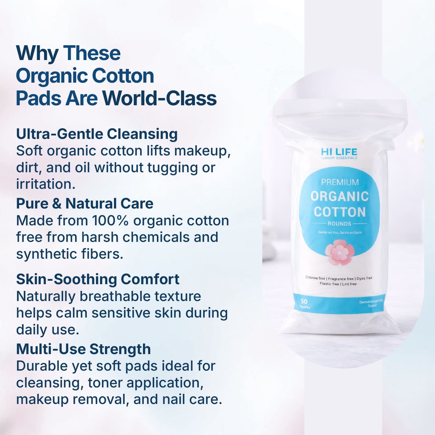 Hi Life™ 100% GOTS Certified Organic Cotton Pads - Rounds - Pack of 50