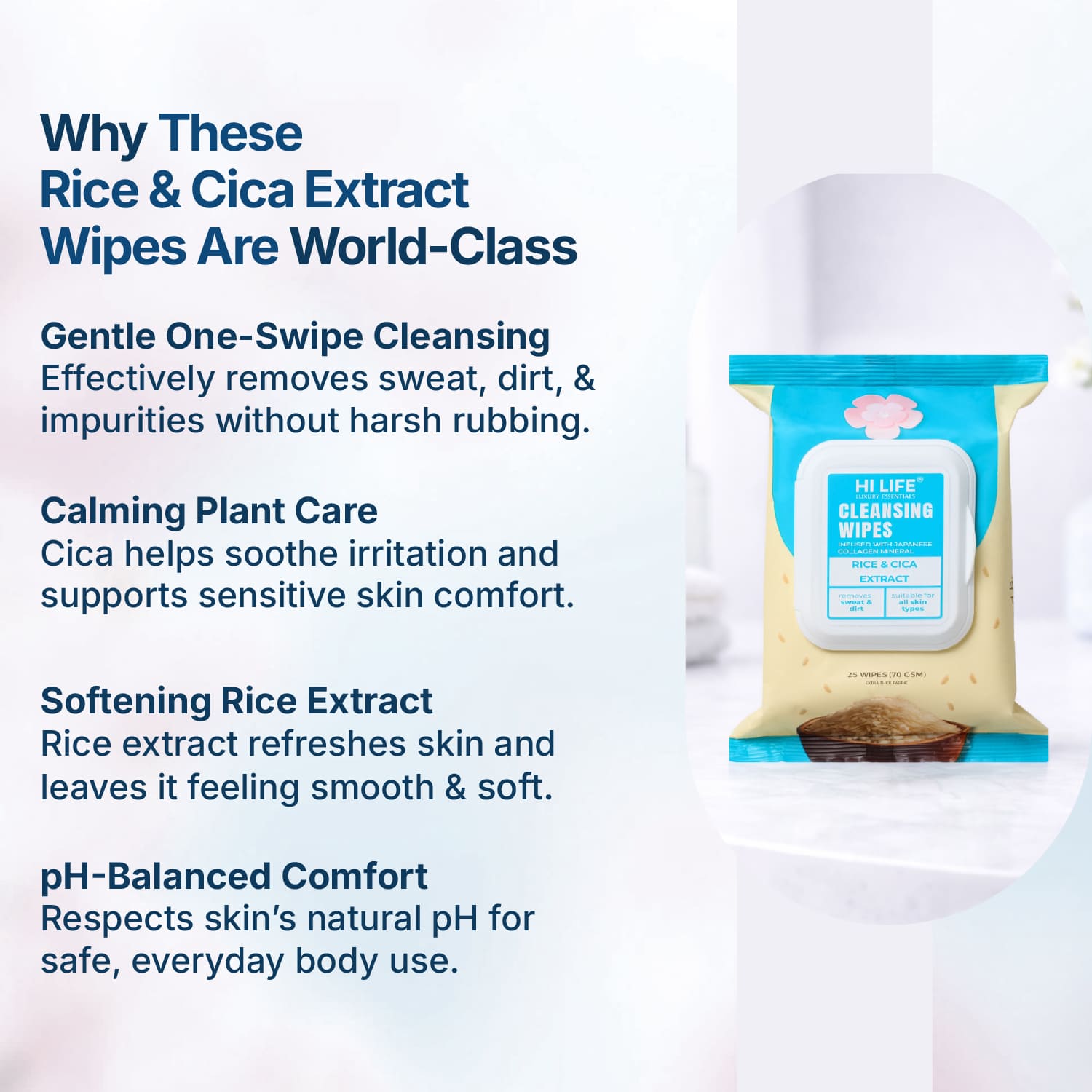 Rice & CICA Oil Wet Wipes 25 Wipes, 70 GSM Thick