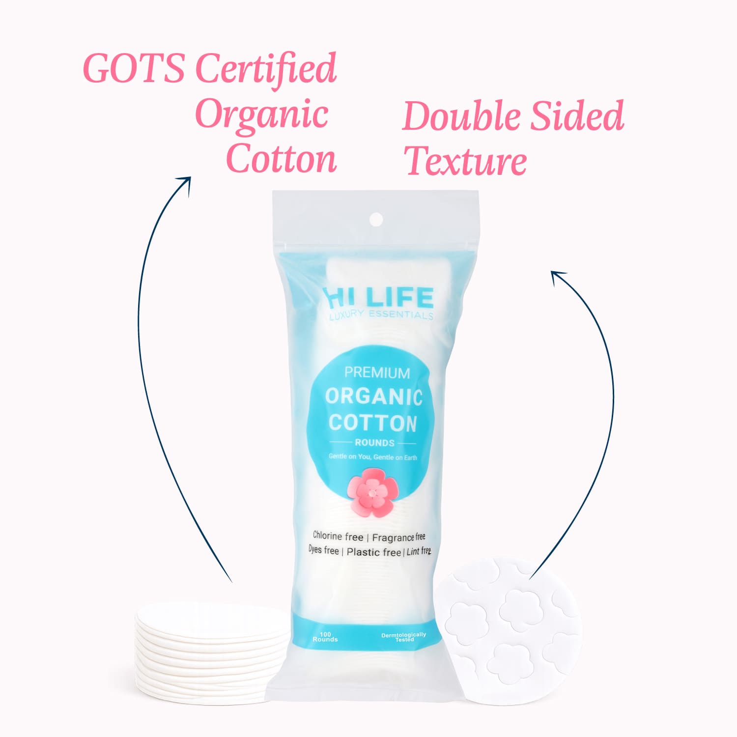 Hi Life™ 100% GOTS Certified Organic Cotton Pads - Rounds - Pack of 100