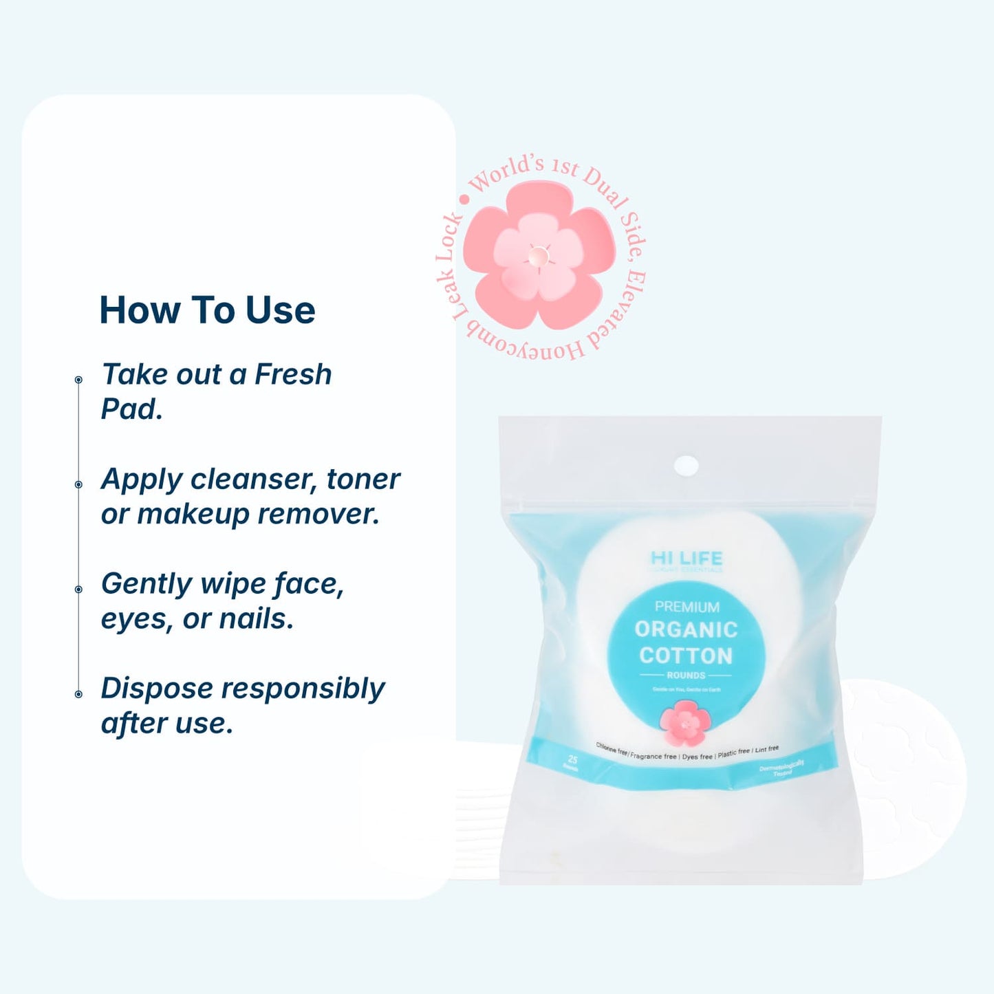 Hi Life™ 100% GOTS Certified Organic Cotton Pads - Rounds - Pack of 25