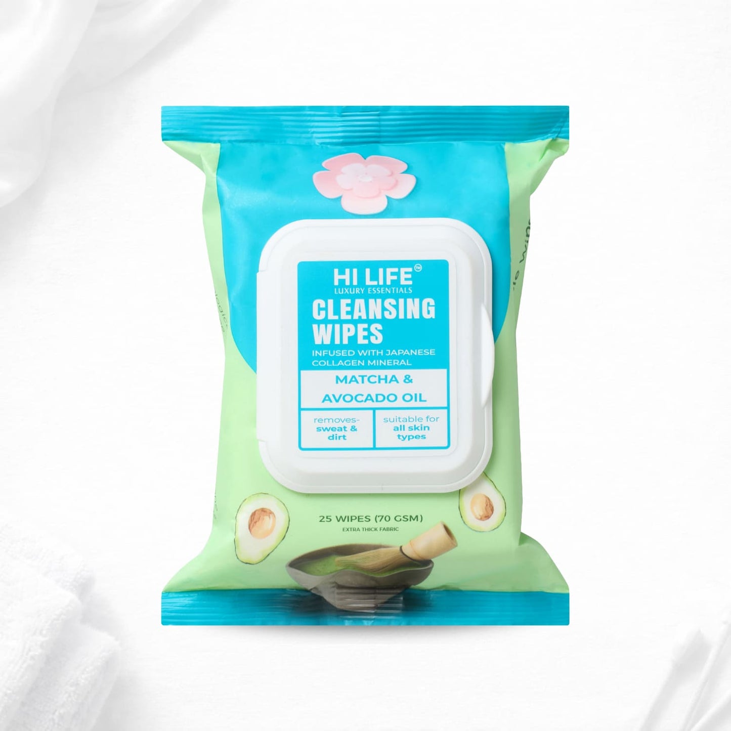 Matcha and Avocado Oil Wet Wipes 25 Wipes, 70 GSM Thick