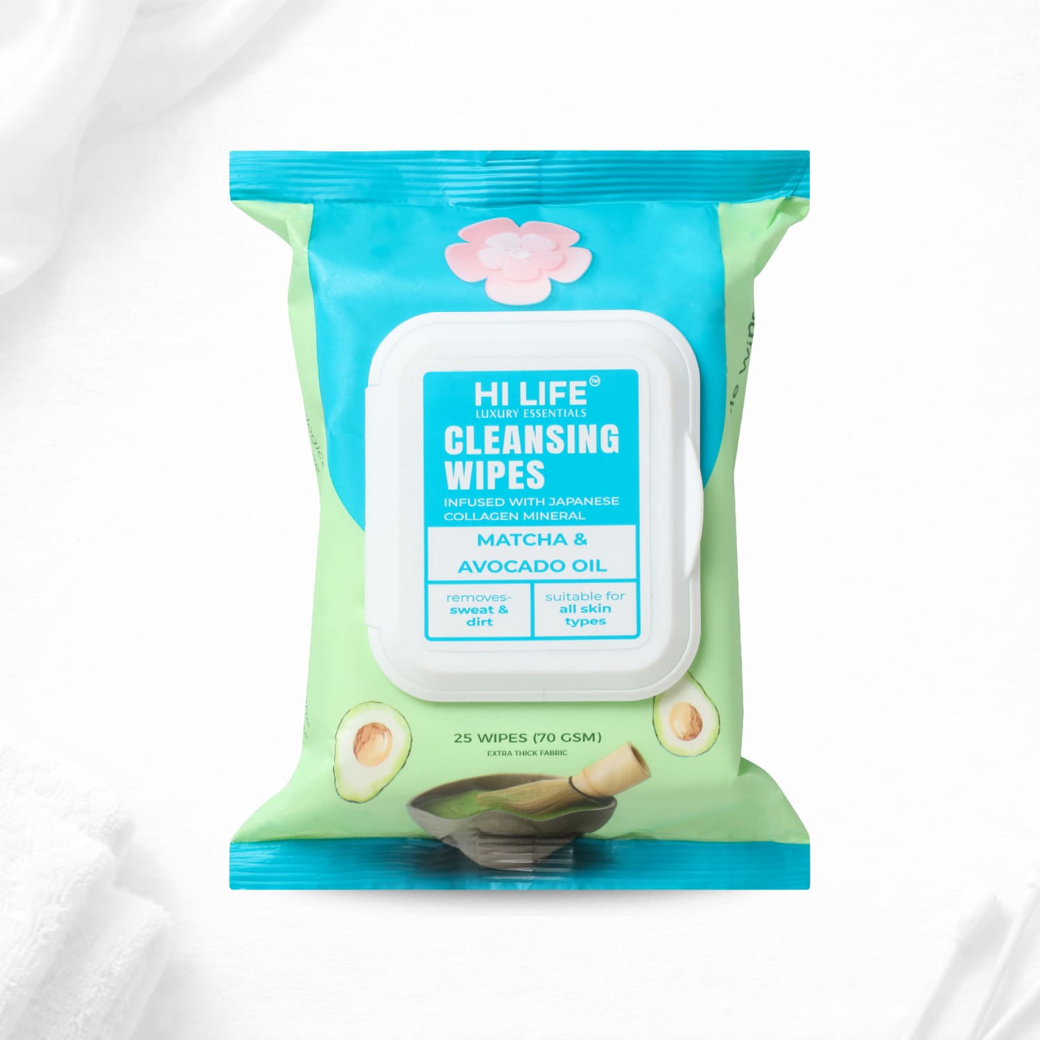Matcha and Avocado Oil Wet Wipes 25 Wipes, 70 GSM Thick