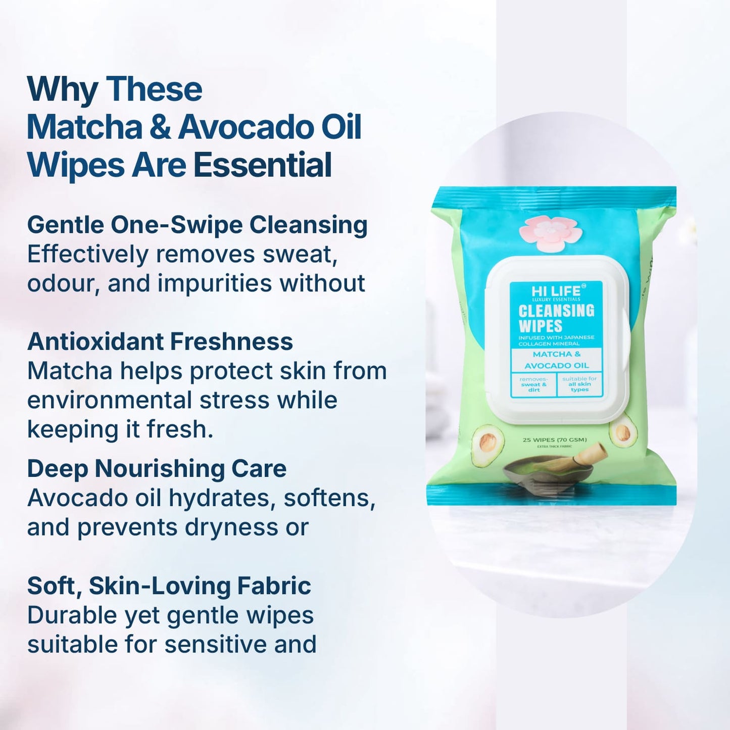 Matcha and Avocado Oil Wet Wipes 25 Wipes, 70 GSM Thick