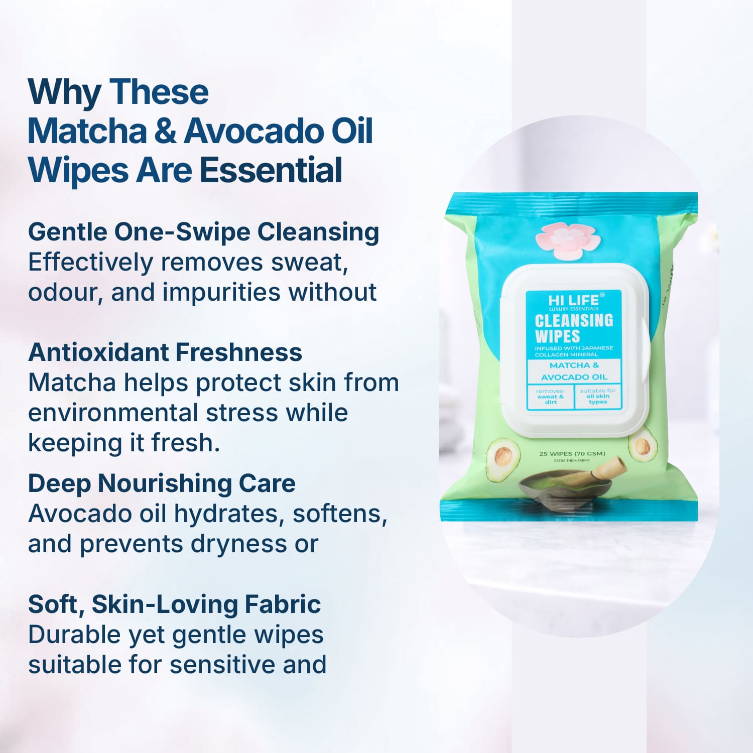 Matcha and Avocado Oil Wet Wipes 25 Wipes, 70 GSM Thick