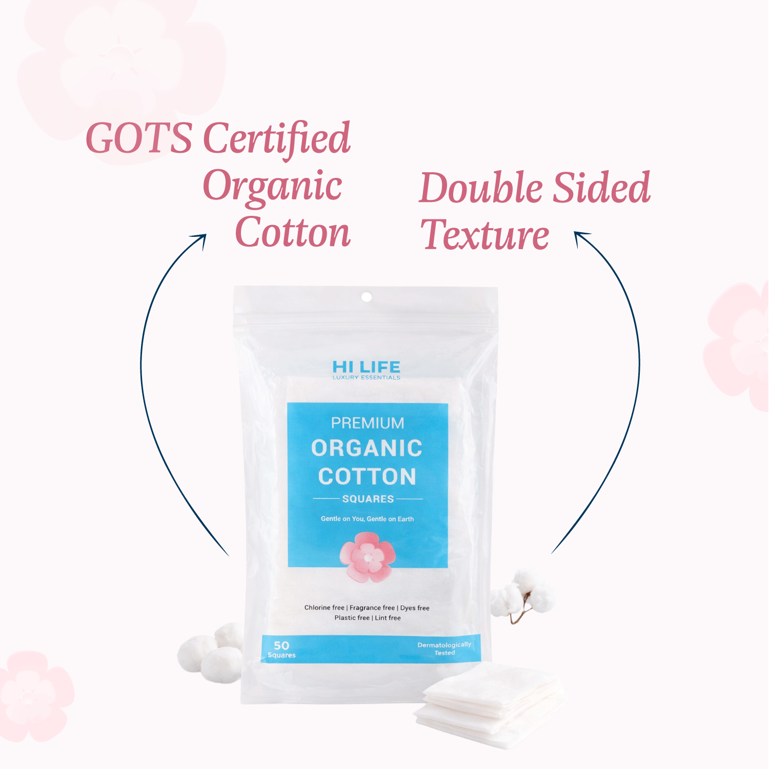 Hi Life™ 100% GOTS Certified Organic Cotton Pads - Squares - Pack of 50